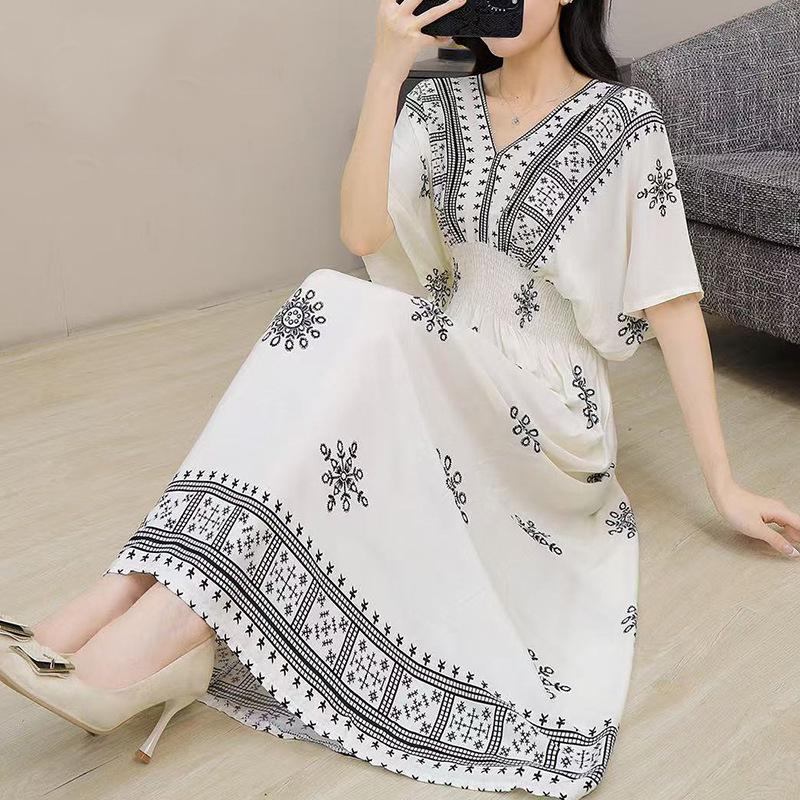 25th Anniversary Ethnic V-Neck Rayon Short Sleeve French-Thai Print Holiday Dress for Women
