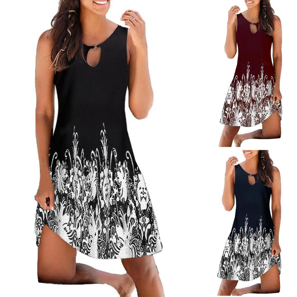 Women Summer  Print Hollow Out Sleeveless Loose Tank Mid Dresses