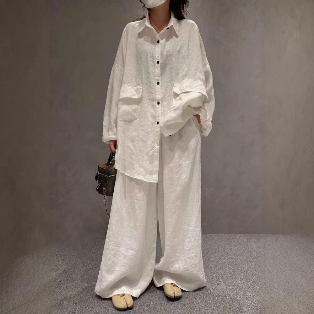 

Женский модный льняной костюм рубашка + повседневные брюки большого размера однотонная темпераментная рубашка повседневный костюм One size белый