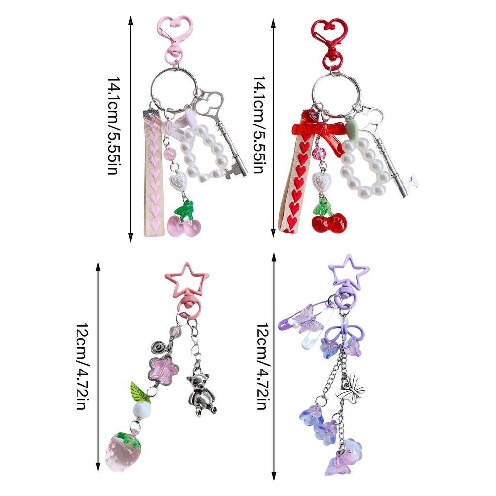 Handcrafted Pearls Beaded Keychain Cherry and Bowtie Charm Keyring Pendant Handmade Bag Decoration Women Accessory