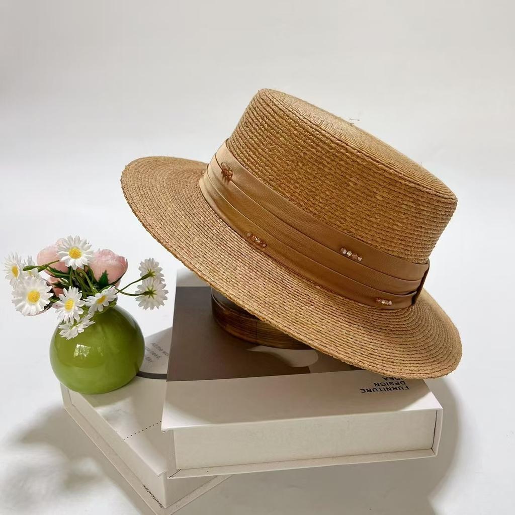 Dale Lafite Hat Women'S Sunscreen Flat Top Straw Hat French Pearl Sun Hat Uv Protection Sun Hat