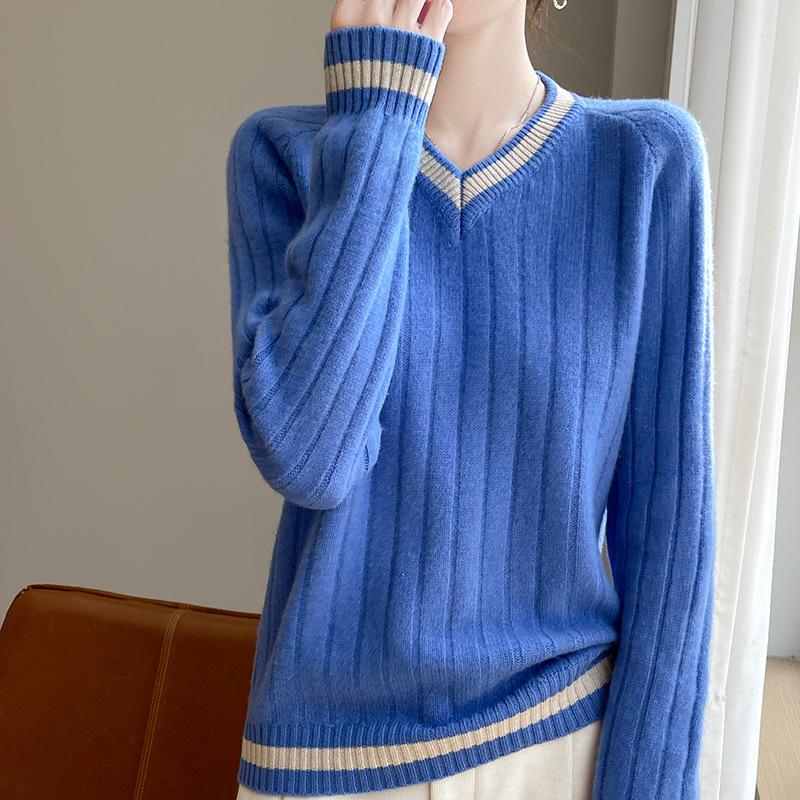 Women's Color Block V-Neck Loose Wool Pullover - Chic & Trendy Cashmere Outerwear