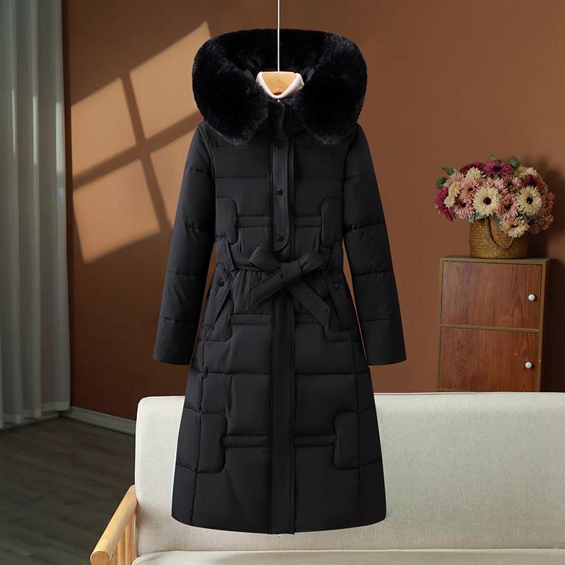 

Foreign trade European and American coats, long over-knee big fur collar, Korean version, slim and thin belt, winter new down cotton clothes for women M чорний