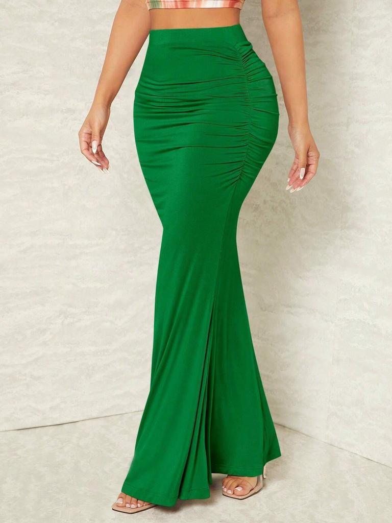 European and American High-Waisted Elastic Pleated Fishtail Midi Skirt for Autumn and Winter