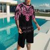 Men Earth Tone Distressed Square Block Print Short Sleeve Tee And Matching Shorts Two Piece Outfit