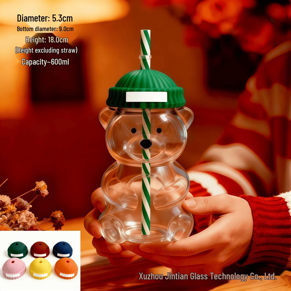 Hitzebeständiger Cartoon-Bären-Glasbecher mit Strohhalm - Süßes Borosilikatglas für Frauen