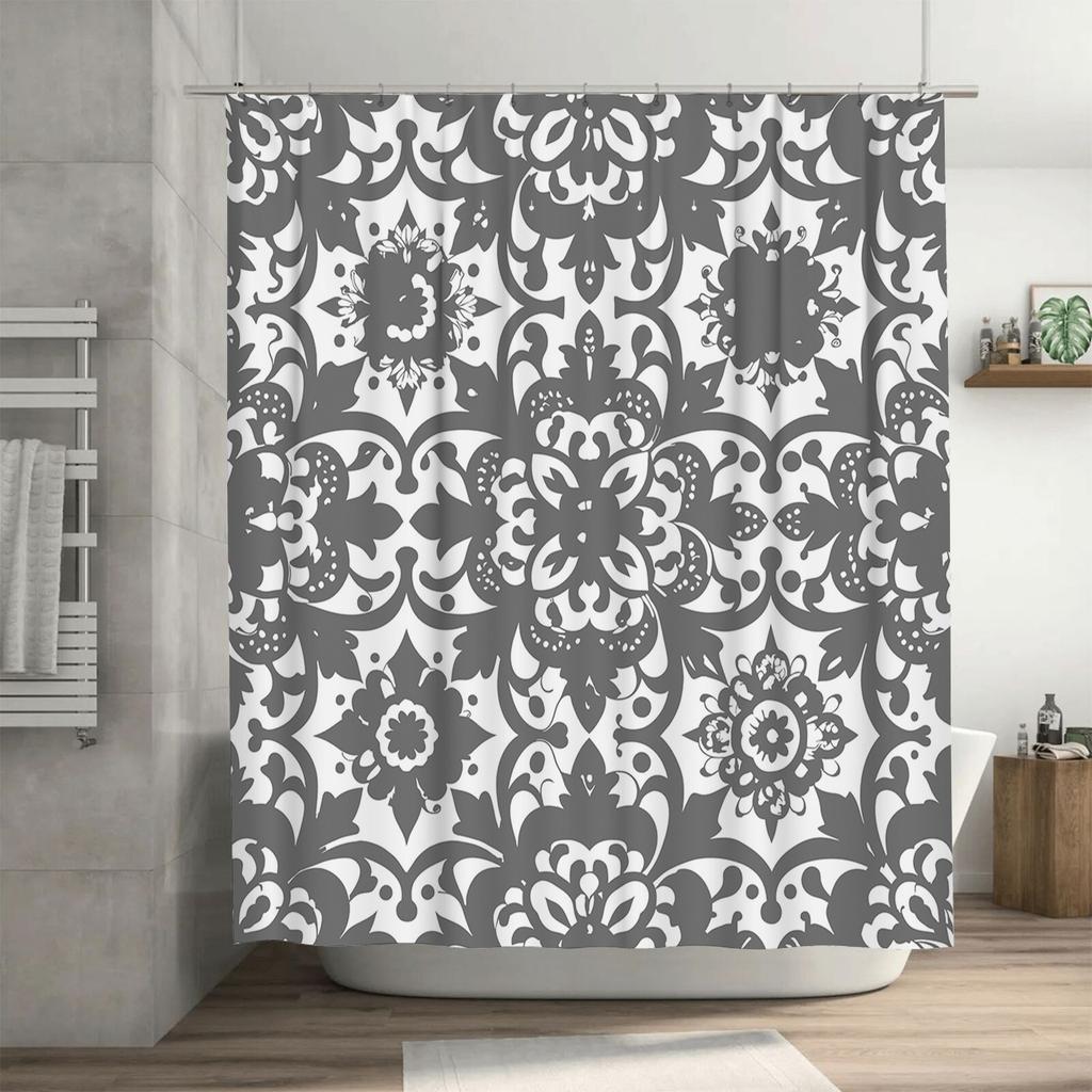 Stylish White Gray Damask Shower Curtain with Modern Bathroom Decor Design Waterproof Fabric for Bathtub Coverings (180x180cm)
