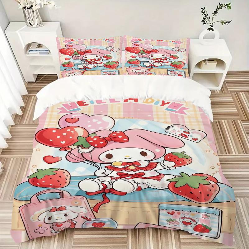 3pcs Strawberry My Melody Bedding Set, Including 1 Quilt Cover and 2 Pillow Shams, Without Filling, Soft and Comfortable Home Bedroom W101