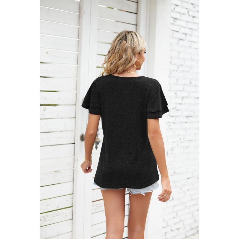 YYFS Damenmode, lässig, Sommer, Frühling, einfarbig, bedruckt, kurzärmelig, V-Ausschnitt, Blusen und Hemden