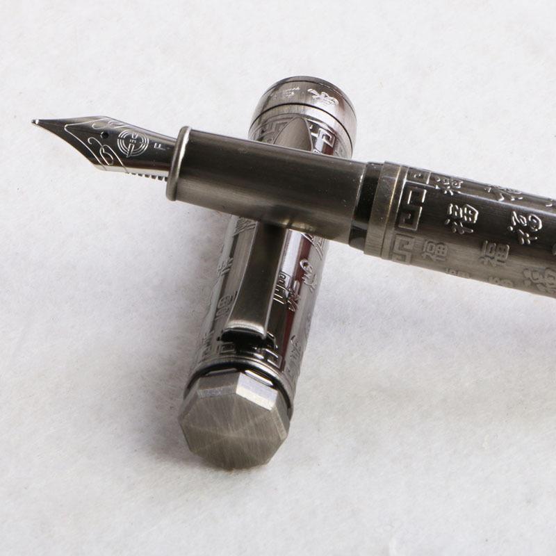 Eversharp Antique Silver Calligraphy Fountain Pen with Bent Nib - Brushed Hundred Blessings Design, Ideal for Writing Practice and Business Gifts