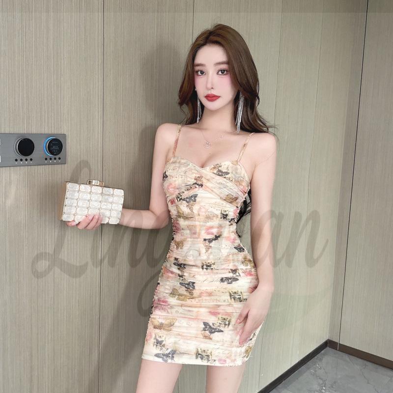 

Butterfly Print Mesh Slip Dress: Sexy See-Through, Cinched Waist, Open Back, Hip-Hugging Skirt Medium