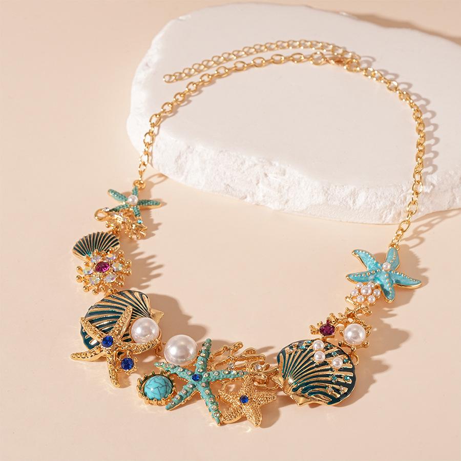 Ocean-Inspired Diamond Pearl Pendant Necklace with Starfish, Seashell, and Coral Accents