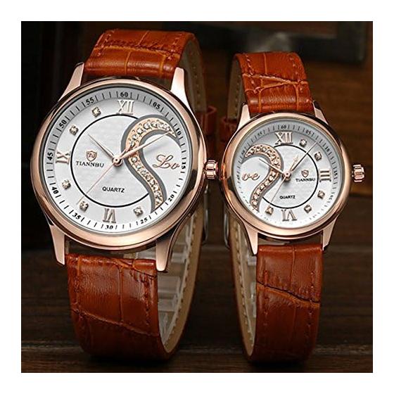 Romantic Couple Men's Women's Watch, Popular Leather Belt Heart-shaped Design Pair Watch Golden D-102