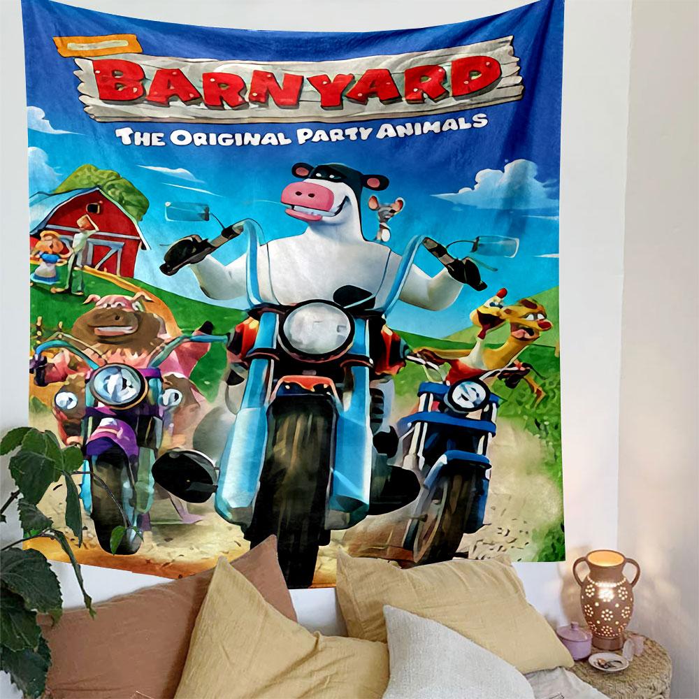 Barnyard Movie Tapestry Wall Hanging, Nick Park Style Farm Animals Comedy Art, Colorful Cartoon Wall Decor for Kids Bedroom