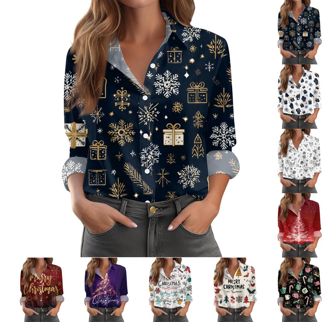 Women's Christmas Print Casual Half-Open Collar Long Sleeve Shirt