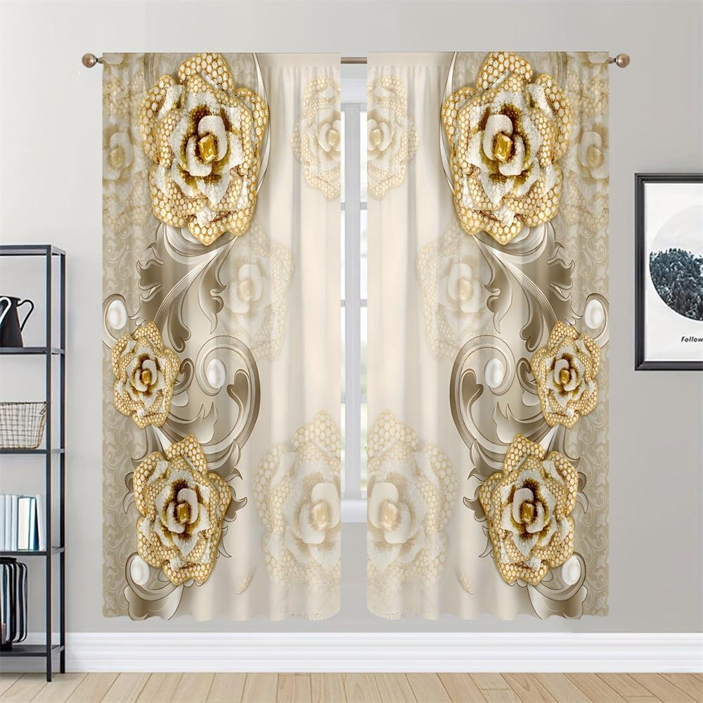 2Pcs Luxury Pearl Gold Flower Diamond Rose Window Treatment Curtains Blinds For Living Room Kids Bedroom Kitchen Door Home Decor