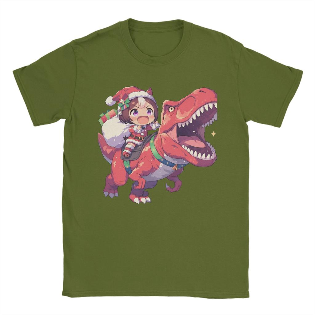 Special Week Santa Riding T-Rex T Shirt Men's  Cotton Casual T-Shirt Crewneck Uma Musume Pretty Derby Anime Tees Short Sleeve
