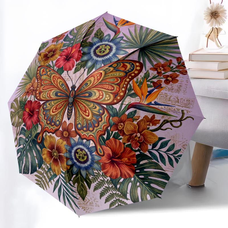 

1pc Sturdy 8-Bone Auto Umbrella, Classic Tropical Floral Butterfly Umbrella, Digital Printed, Foldable Umbrella for On-the-Go Outdoor Use