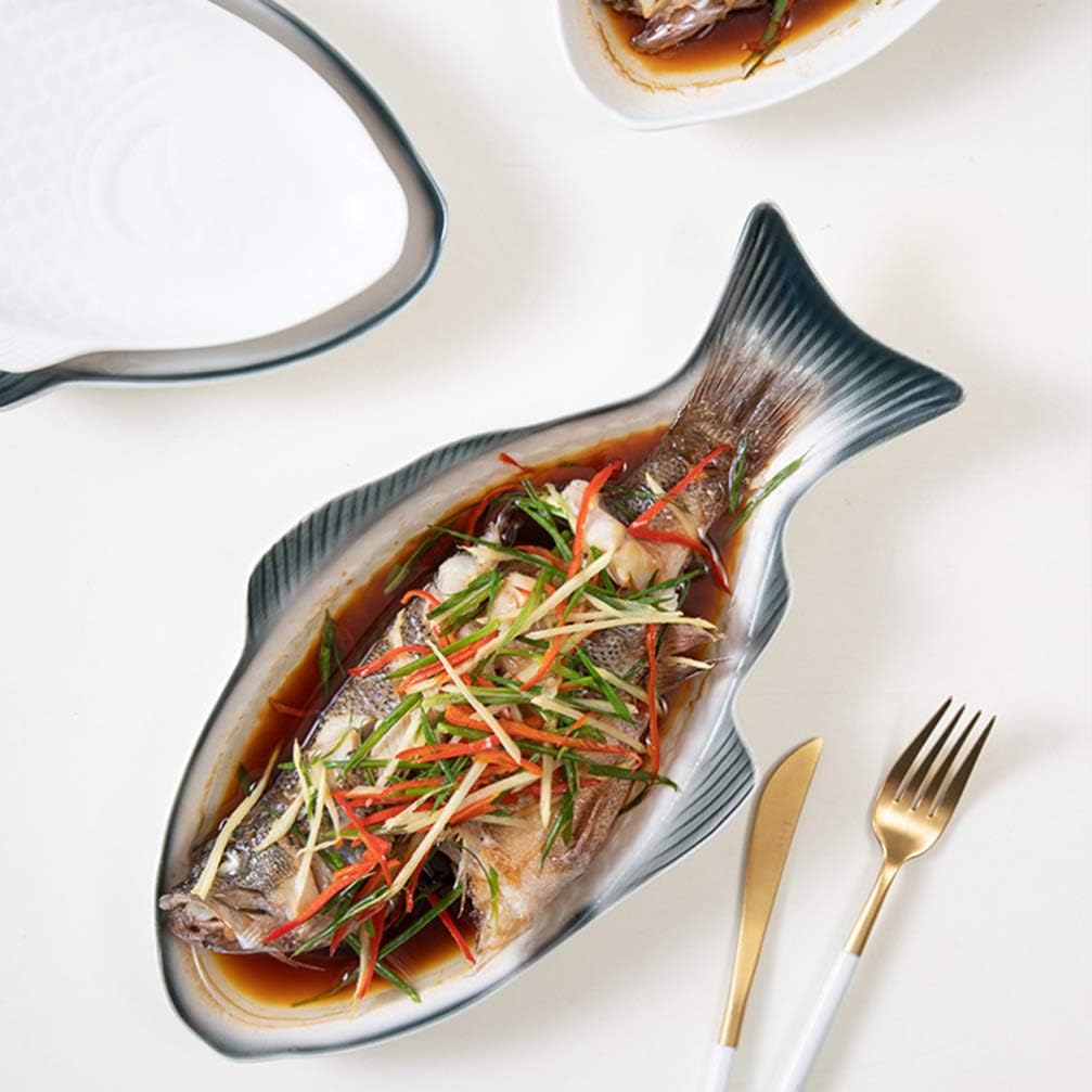 DOITOOL Fish Plate Fish Plate Ceramic Serving Platter Dish Fish Shape Textured Serving Dish Porcelain Serving Platter Food Tray Party Platter for