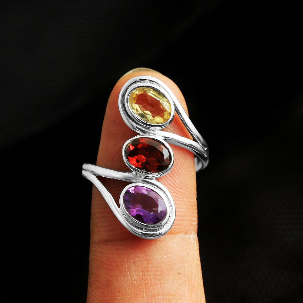 Arisha Silver Amethyst, Garnet, Citrine 925 Sterling Silver Ring