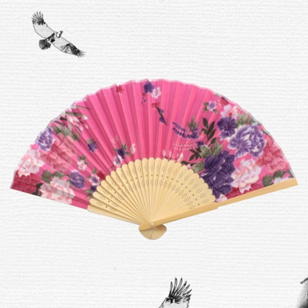 Silk Material Chinese Folding Fan Bamboo Wood Flower Pattern Silk Fan Artificial Silk Folding Design Art Craft Fan