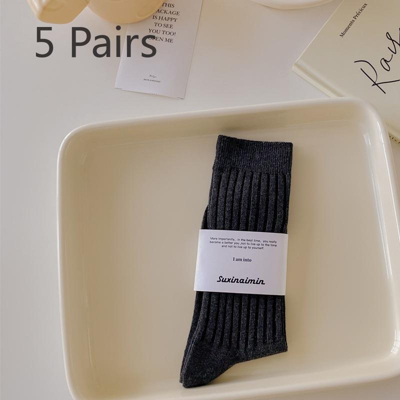 5 Pairs of Women's Spring and Autumn Trend 100 Match Sweat Absorption Solid Color Vertical Striped Mid Tube Socks