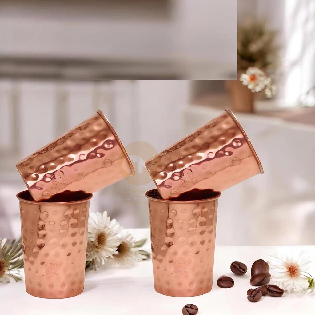 Handcrafted Ayurvedic Drinkware for Water, Juice & Beverages | Pure Copper Glass Set for Home & Gifting Volume - 300 ML (Set of 4)
