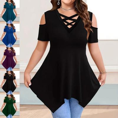 Top da donna con scollo a V, spalline incrociate, off-the-shoulder, maniche corte