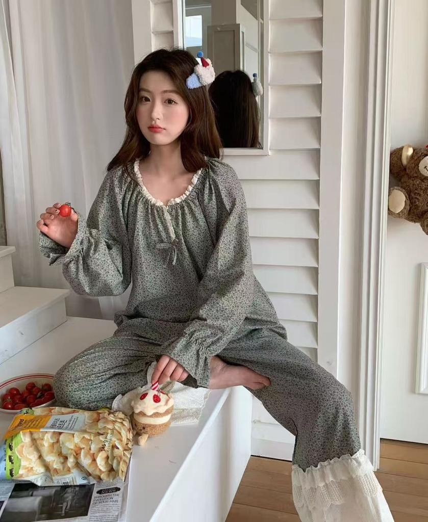 1011 new pajamas women's Korean small floral simple and comfortable lace set casual loose loungewear set