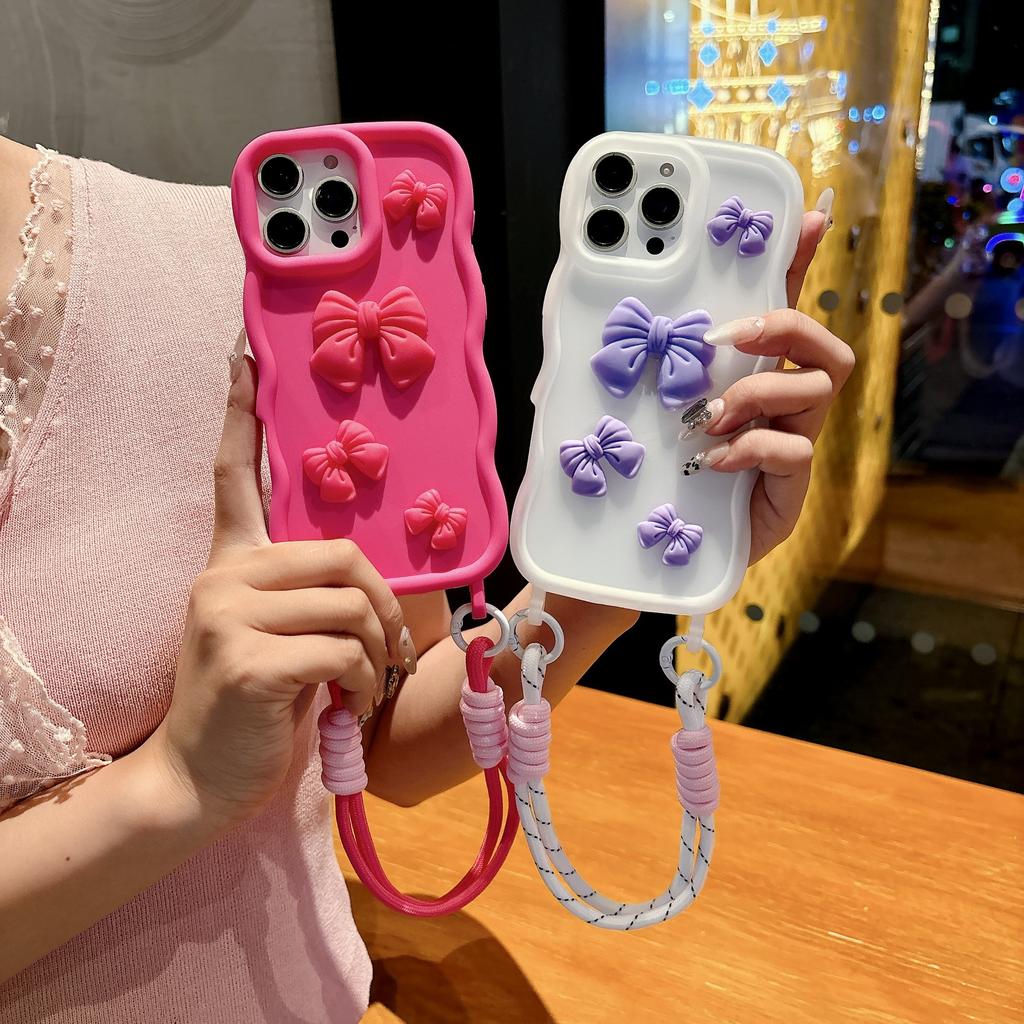 For IPhone 16 Phone Case All Inclusive Bow Tie 15 Promax for Apple 14 One-piece Lanyard Hole Large Wave Case