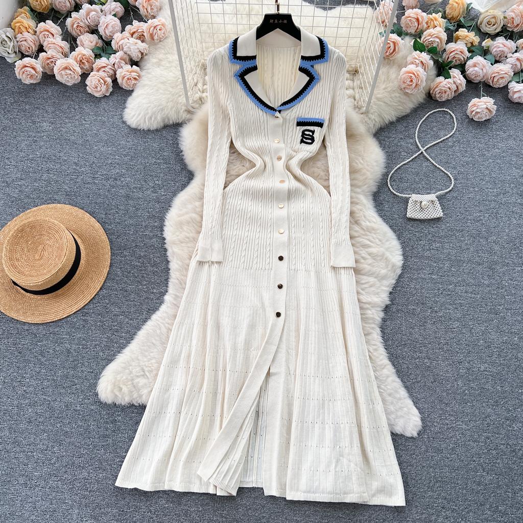 Autumn Winter Wear Embroidery Letter Knitted Sweater Dress Women Polo Single Breasted Designer Temperament Long Dresses