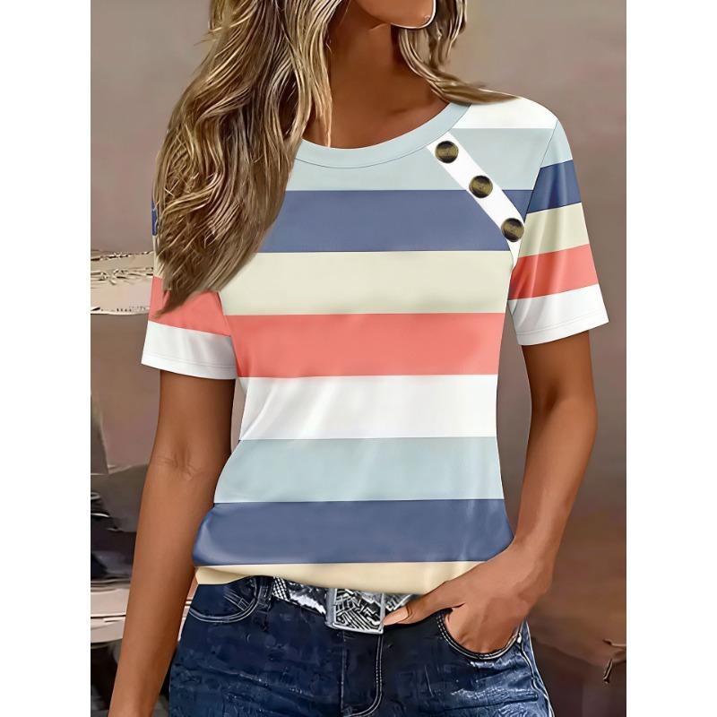 Womens Blue White Stripe Print Round Neck Short Sleeve Slim Fit Casual T Shirt