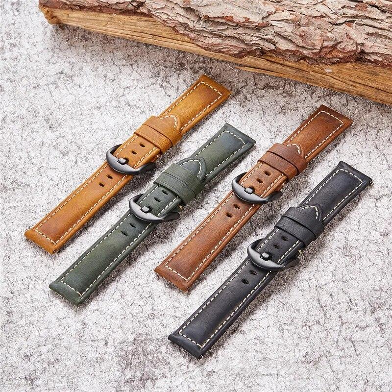 Genuine Leather Strap 20/22/24/26mm Stainless Steel Buckle Men Retro Crazy Horse Leather Replacement Wrist Band Watch Accessory