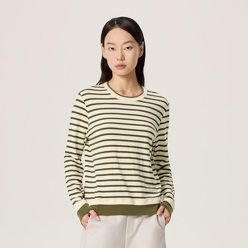 Merino Wool Tencel Striped Two-Piece Casual Long Sleeve T-Shirt