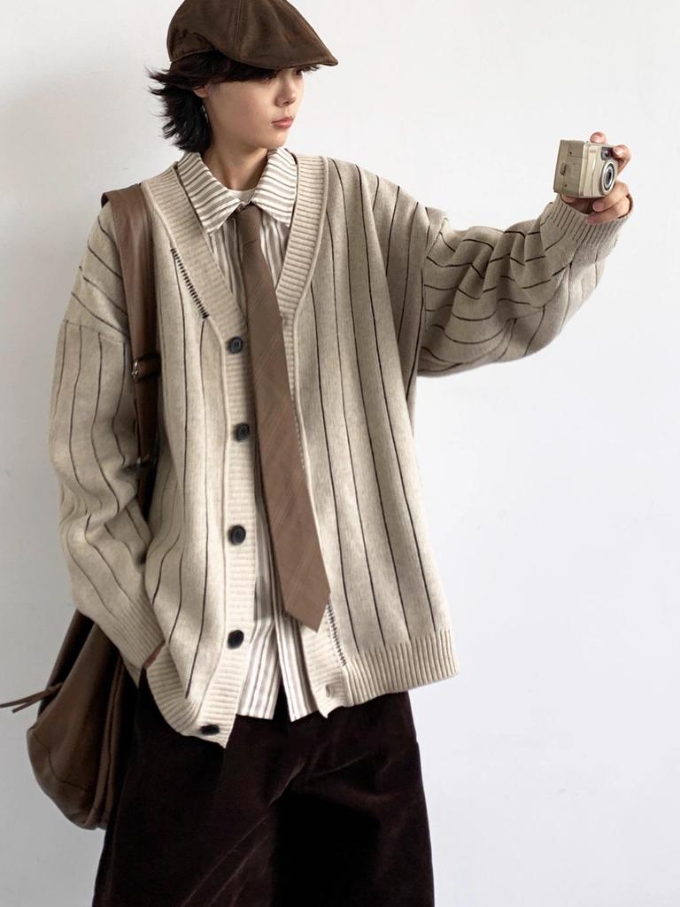 Unisex College Style Striped Knit Sweater for Boys and Girls - Autumn/Winter Long Sleeve Cardigan