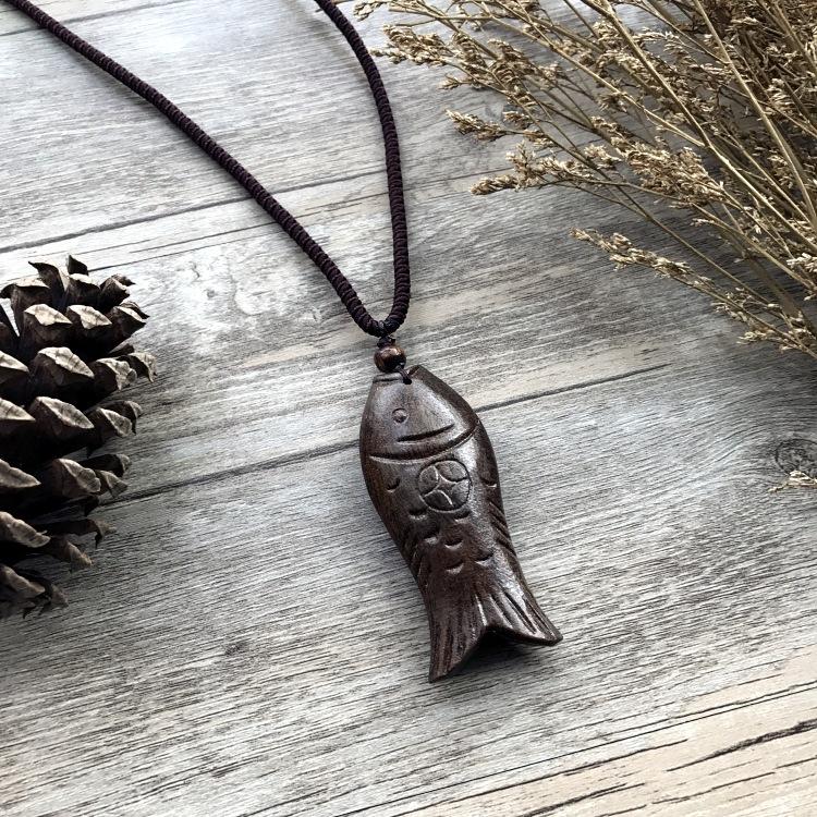 Retro Hand-carved Mahogany Long Necklace Women's Fashion Temperament Cotton and Linen Clothing Sweater Chain Accessories