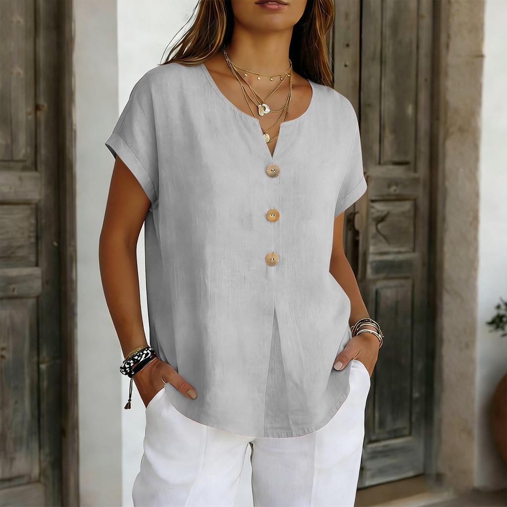 Summer Basic Blouses Women's Shirts Solid Color Casual Short-Sleeve Cotton Linen Fashion Plus Size V-Neck Loose Button Tops