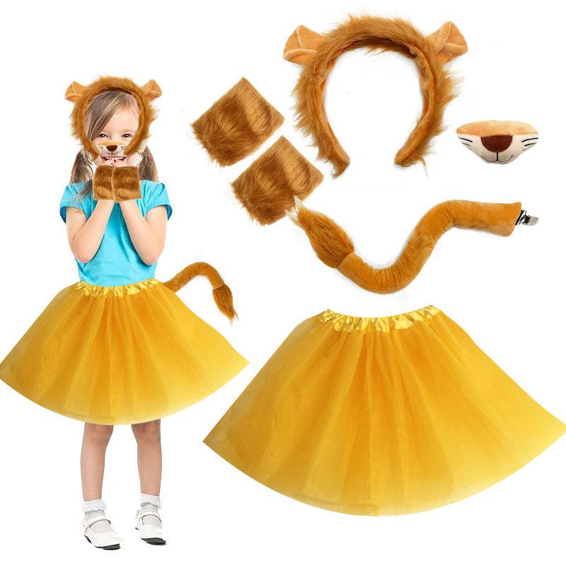 Kinder Jungen Mädchen Tier Löwe Cosplay Kostüme Ohren und Schwanz Stirnband Rock Set Zubehör Halloween Karneval Party Verkleidung