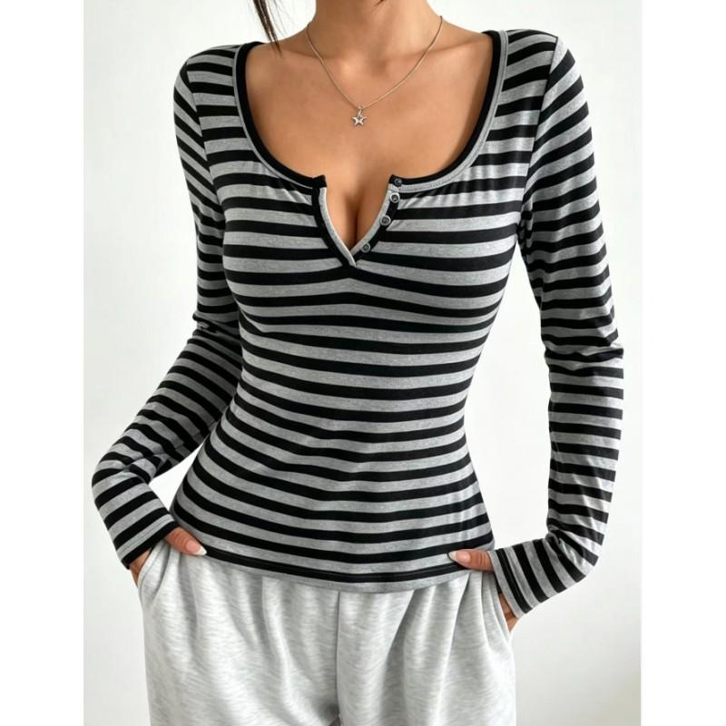 Womens Slim Fit Long Sleeve T-Shirt With Striped Contrast Button Detail V-Neck Casual Top Early