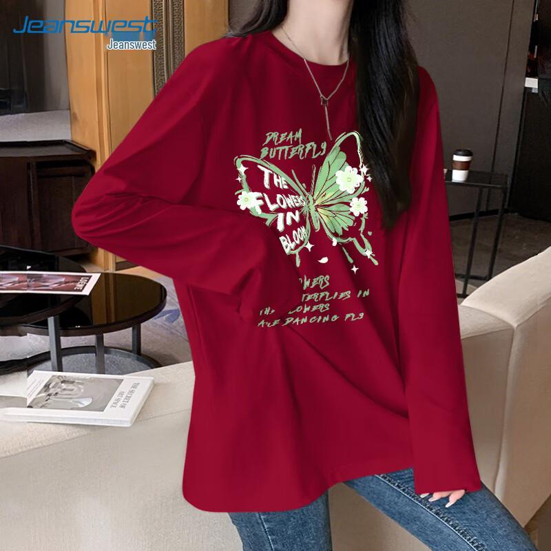 Jeanswest Women's 2025 Spring/Autumn Pure Cotton Drop-Shoulder Long-Sleeve T-Shirt