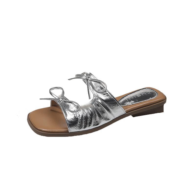 

Fashion 2025 Bow Women Square Toe Low Heels Slippers Sexy Trend Sandals Summer Shoes New Designer Party Heeled Shoes Woman Pumps 35