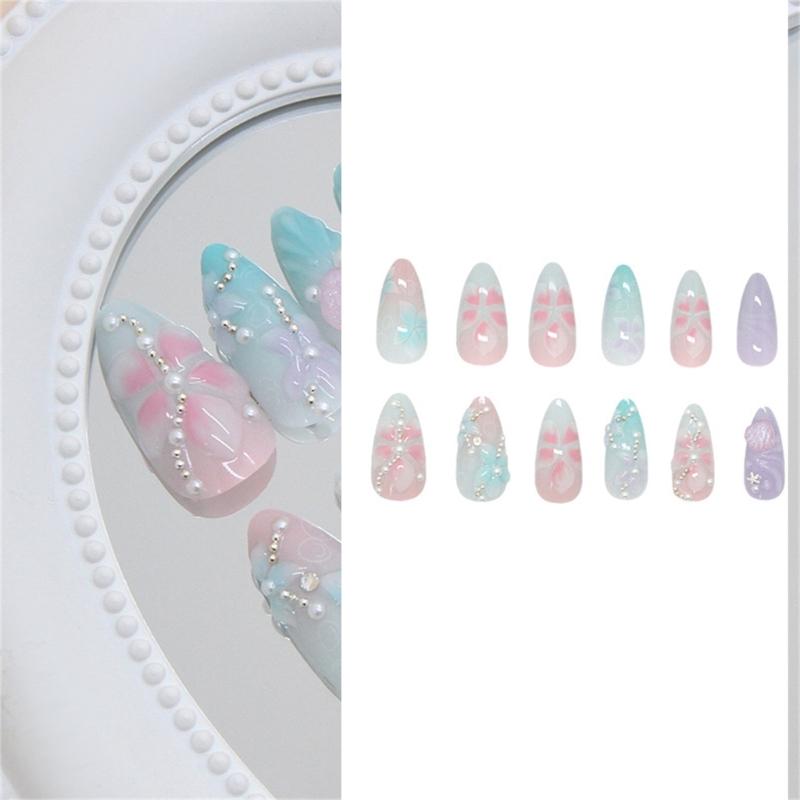 24PCS Elegant Press On Nail Set Featuring Pearls Seashells Design And Shimmering Rhinestones 3D Ombres Glows ABS False Nail Easy Application