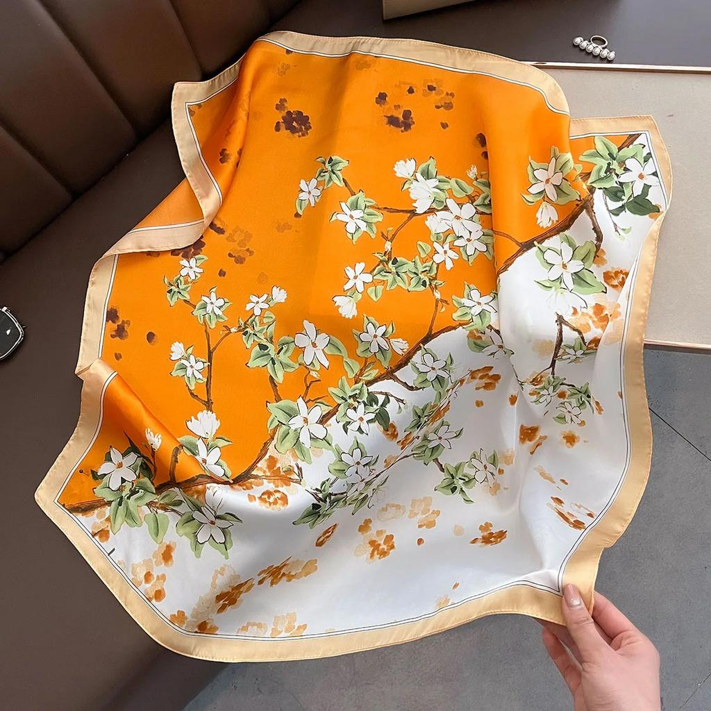 New Imitation Silk Scarf Women Square Neckerchief Foulard Female Hairbands Fashion Floral Bandana