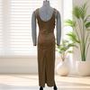 Women's Satin Ruched High Slit Bodycon Maxi Dress Sexy Sleeveless Cocktail Party Wedding Guest