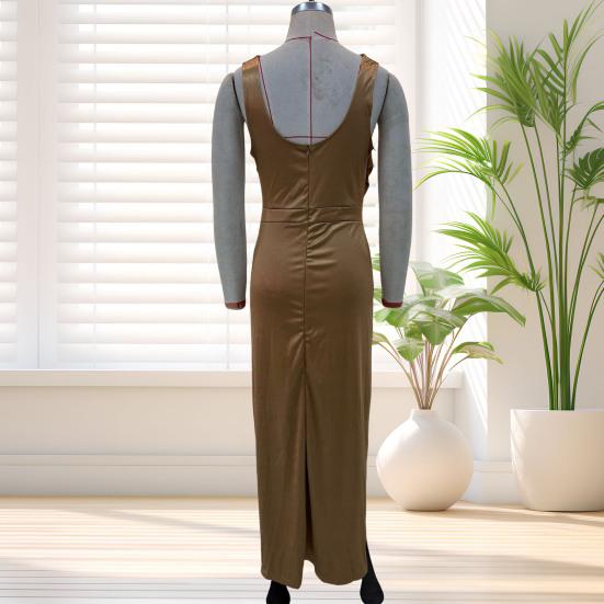 Women's Satin Ruched High Slit Bodycon Maxi Dress Sexy Sleeveless Cocktail Party Wedding Guest