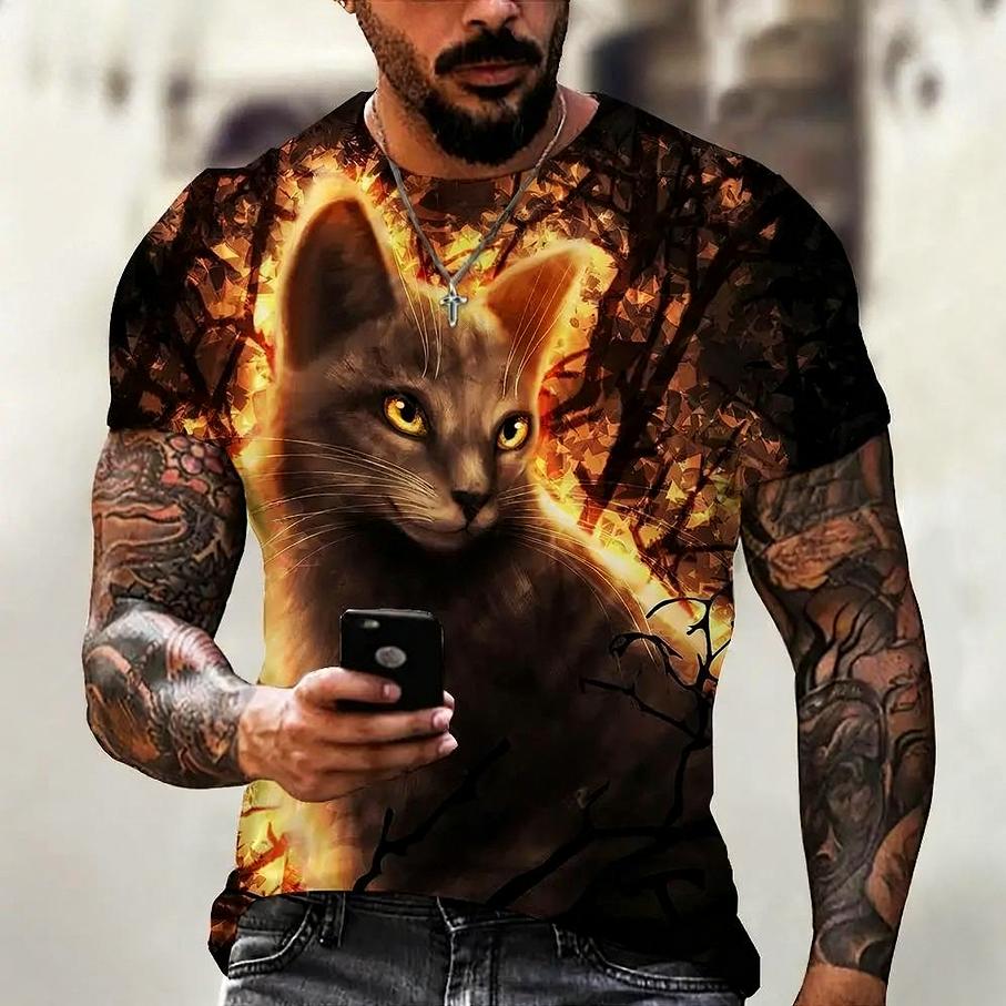 Summer Round Neck Animal Cat Pattern 3D Print Top Fashionable Casual Short Sleeved Men's T-shirts