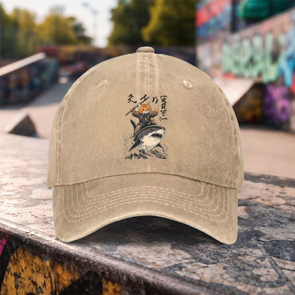 Samurai Cat Riding Shark Washed Baseball Cap Unique Graphic Adjustable Outdoor Cotton Snapback Hat