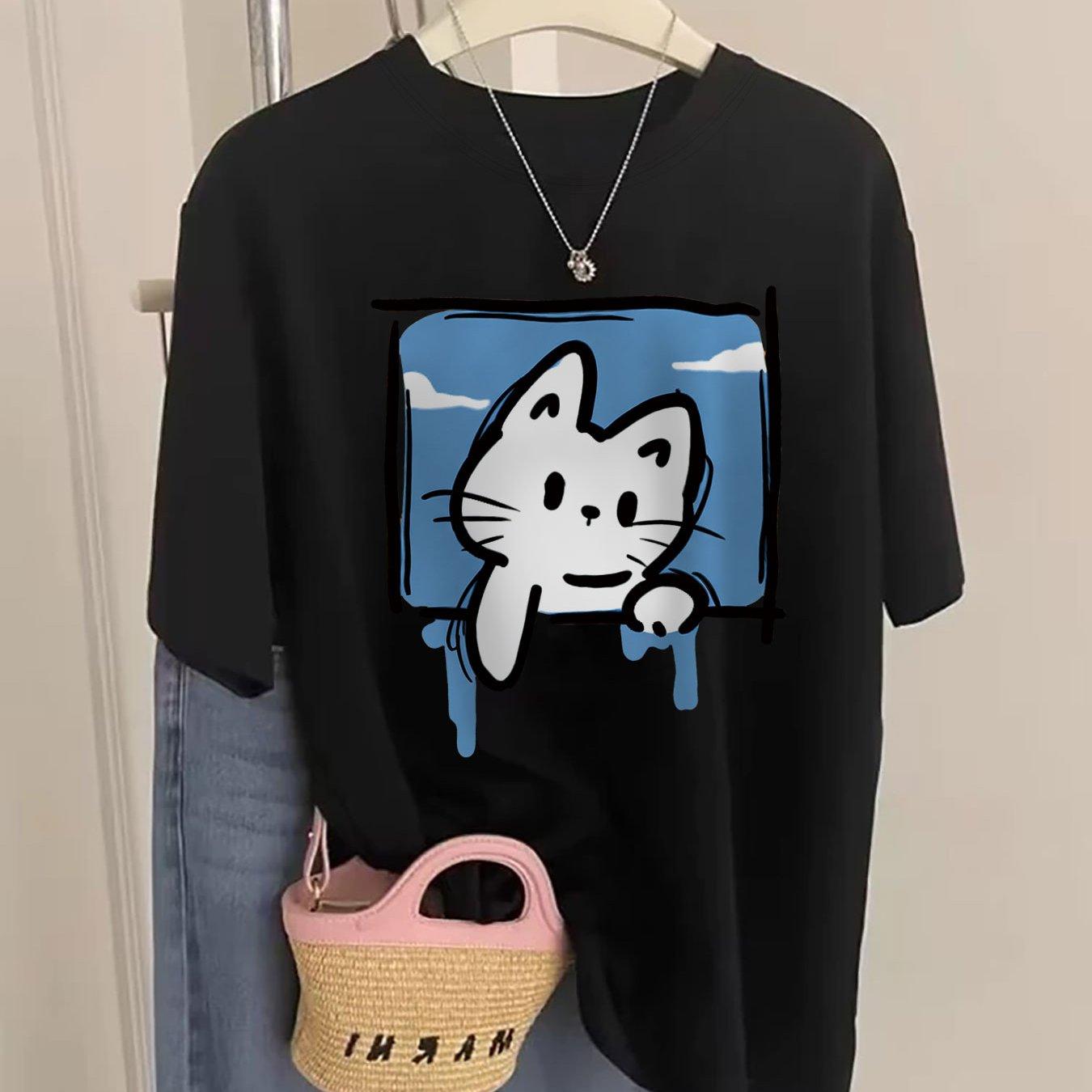

Ladies summer clothing cartoon style cat window printed pure cotton top daily casual round neck short sleeved T-shirt 5XL різнокольоровий