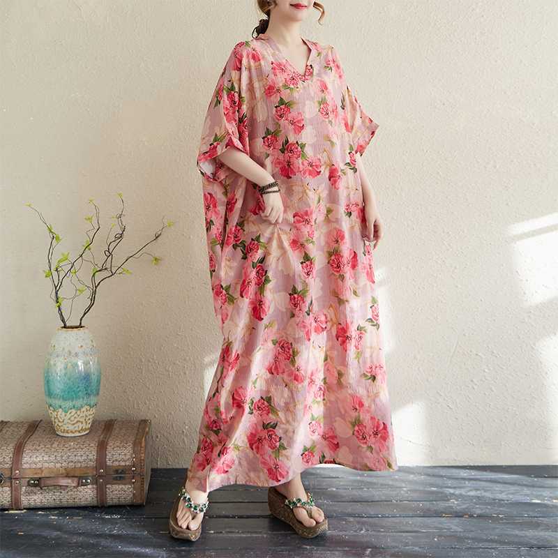 Summer Color Travel V-neck Retro Long Skirt Cotton Linen Dress