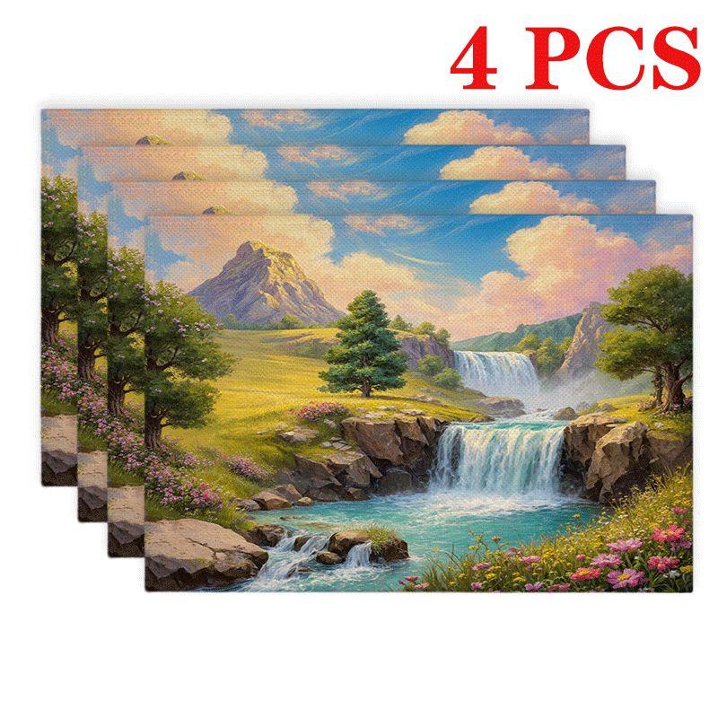 4/6pcs Rectangular High Quality & Placemats Suitable for Dining Table, Heat-Resistant Washable Polyester Table Protectors with Scenic Landscape Design 4pcs